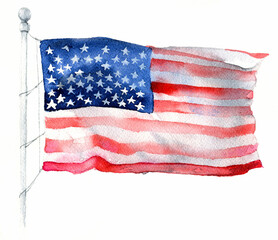 American Flag on White Background Watercolor Illustration