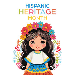 Colorful gift card featuring a cute girl in Hispanic costume celebrating Hispanic Heritage Month.