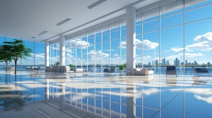 Interior of open space office in modern building. Glossy floor, chillout area, houseplants. Floor-to-ceiling windows with city view. Contemporary design. Mockup, 3D rendering.