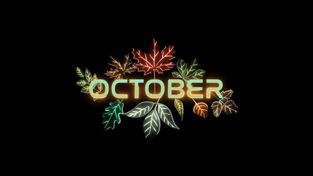 october title text with glowing neon leaves. Autumn background for seasonal decoration