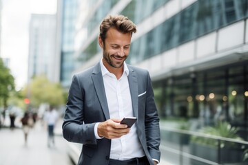Young urban professional business man using smartphone. Businessman holding mobile smartphone using app texting sms message outdoor. - obrazy, fototapety, plakaty