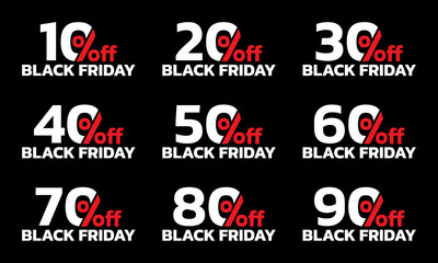 Sale icon or label set. 10,20,30,40,50,60,70,80,90 percent price off or discount badges. Promotion, price tag design element. Vector illustration.