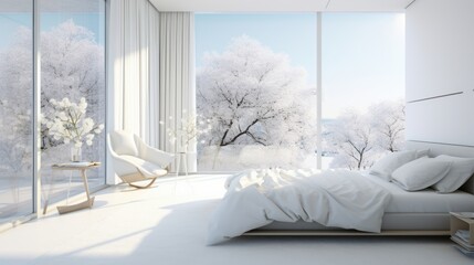 Interior of white minimalist scandi bedroom in luxury cottage or hotel. Large comfortable bed, side tables, armchair, panoramic windows with winter landscape view. Ecodesign. Mockup, 3D rendering.