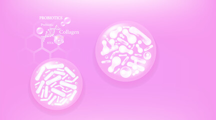 Probiotic and Hyaluronic acid skin solutions ad, pink collagen, and vitamin serum drop with cosmetic advertising background ready to use illustration vector.	