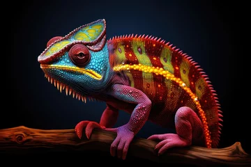Poster Colorful chameleon sitting on a branch on dark blue background © Innese