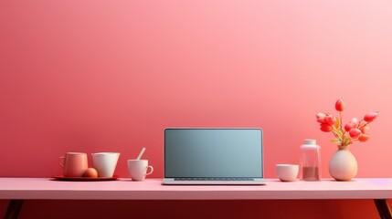 Fragment of stylish minimalist monochrome interior of modern office room in pastel carmine red and pink tones. Large desktop, laptop, coffee utensils, flowers. Creative design. Mockup, 3D rendering.