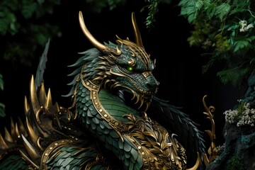 Fairy green metal dragon with eyes glowing on dark background