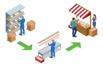 Isometric Chicken Egg Packaging. Eggs in a cardboard box isolated on a background. Portioned chicken meat on plastic trays. Vacuum packaging for storage, transportation of chicken