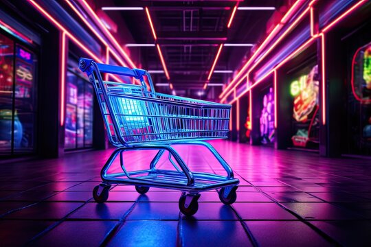Cyber shopping. Glowing neon cart in digital marketplace. E commerce extravaganza for online shoppers. Electric retail