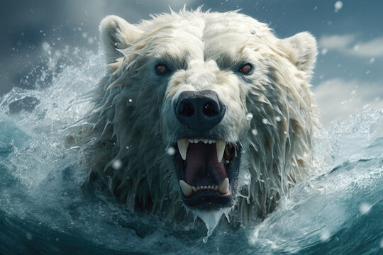 Closeup photo of roaring polar bear in the water