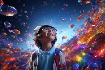 A happy boy in the fairy-tale space of carefree childhood. 3d illustration