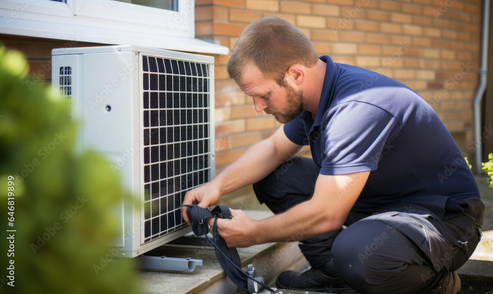 Wall mural An air source heat pump heating unit installed on the outside of a house by an engineer