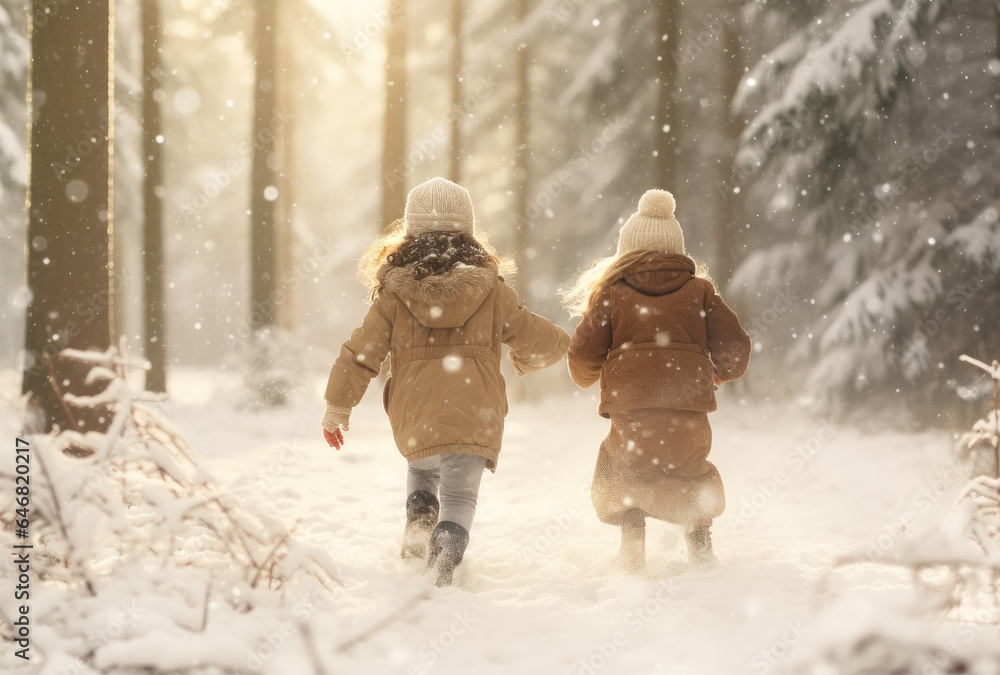 Wall mural rear view of two little kids running in snowy forest during winter time