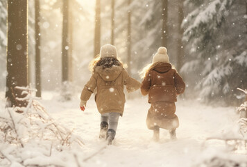 Rear view of two little kids running in snowy forest during winter time - Powered by Adobe