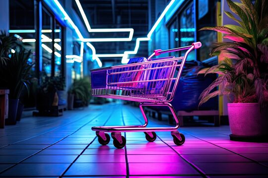 Cyber shopping. Glowing neon cart in digital marketplace. E commerce extravaganza for online shoppers. Electric retail