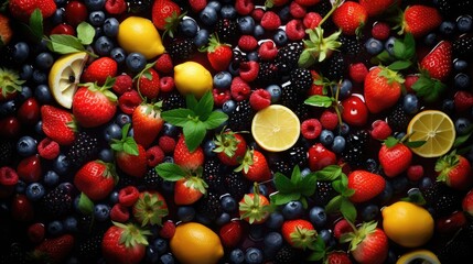 Background of berries and fruits, top view