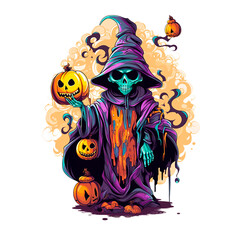 Halloween Scary Grim Reaper Skull and Pumpkin illustration in PNG format for graphic design, DIY, cutting machines, sublimation, t-shirts, clothing, crafts, invites, decoration, blogs or any projects.
