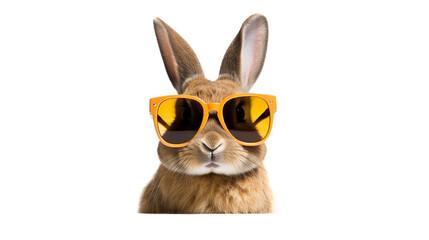 Cool Happy Bunny With Sunglasses. Rabbit. Front view. Isolated on Transparent background.