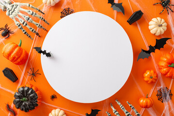 Spooky Halloween event idea. Top view snapshot of pumpkins, paper bats, spiders, and Halloween-themed ornaments on an orange isolated background. Ample circle for text or advertising elements