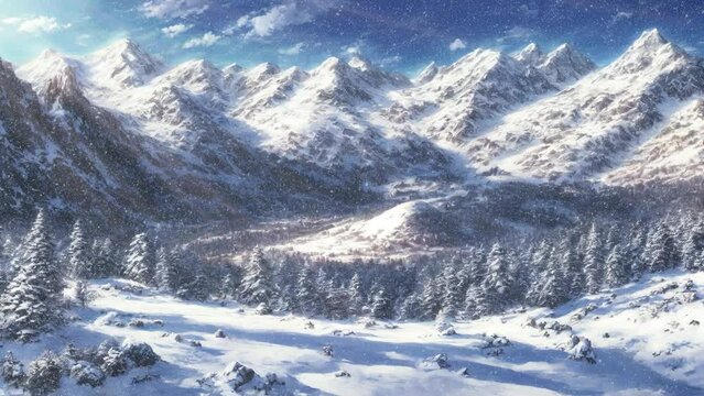 Winter mountain landscape, Anime seamless Background.