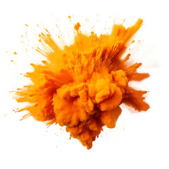 Orange paint color powder festival explosion. Front view. Isolated on Transparent background.

