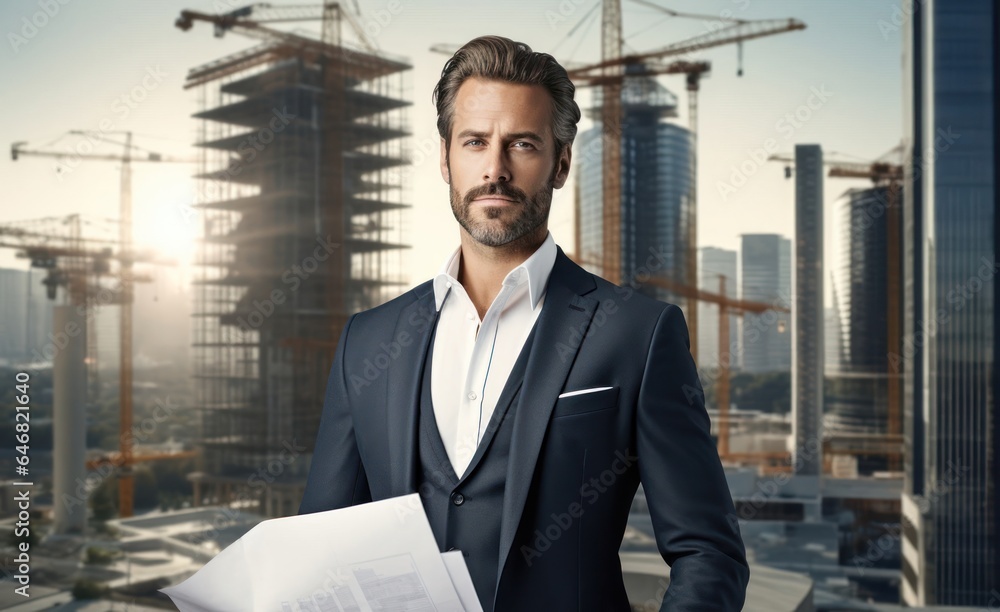 Poster caucasian man architect background scene handsome generative ai