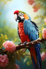 Fotobehang Couverture de livre avec un beau perroquet coloré dans une fôret tropicale » IA générative © Maelgoa