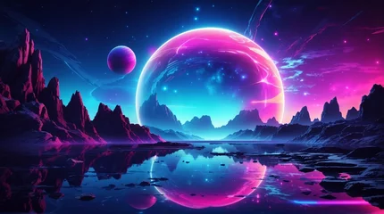 Abwaschbare Fototapete Vollmond Futuristic fantasy landscape neon space galaxy portal vector illustration generated Ai