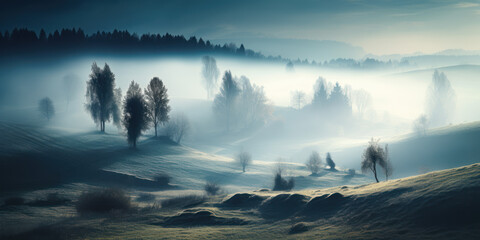 Cold autumn dawn with thick fog and first frost on a hilly countryside landscape with forest. AI Generation 