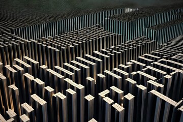 Fototapeta premium From holes in the ground, columns rise. Surface with sliding columns and holes 