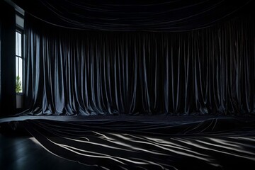 In a room with a reflection on the floor, a developing, elegant black background with flying cloth is there.