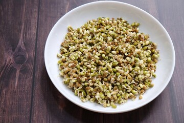 Sprouted moong beans. Protine rich salad. Healthy snack items. Sprouted Lentil Salad. Mixed with Onion, tomatoes, green chili and coriander. Copy space. Sprout Bhel.