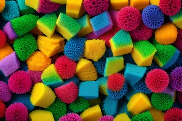 Sponge in various colors on a white background.