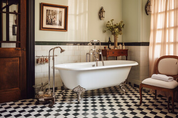 Fototapeta na wymiar Vintage bathroom with an old fashioned claw-foot bathtub