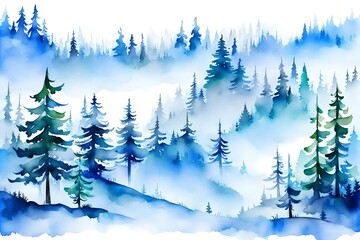 Watercolor fog-covered wooded hill in a blue landscape. evergreen conifer trees. Taiga, freezing, wild nature, and fog. Vertical watercolor background.