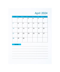 The Vertical of April 2024 Calendar page for 2024 year isolated on white background, Saved clipping path.