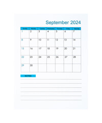 The Vertical of September 2024 Calendar page for 2024 year isolated on white background, Saved clipping path.
