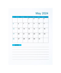 The Vertical of May 2024 Calendar page for 2024 year isolated on white background, Saved clipping path.