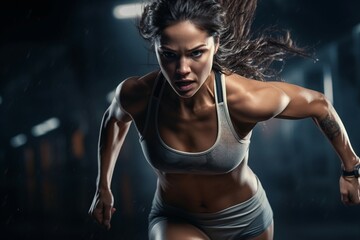 A sportswoman engaged in running high speed and strength training in a studio.
