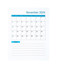 The Vertical of November 2024 Calendar page for 2024 year isolated on white background, Saved clipping path.