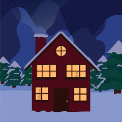 winter illustration of a house in the mountains at night