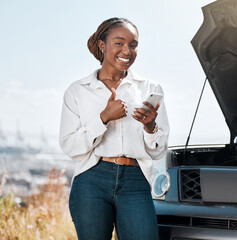 Car insurance, phone or portrait of happy woman with thumbs up on road typing message for help. Smile, service or African driver by a stuck motor vehicle texting on social media mobile app or online - obrazy, fototapety, plakaty