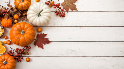 Pumpkins elegant background, colorful varieties of pumpkins on white wooden table, autumn decorations harvested during fall and Thanksgiving, website header with copyspace,, Generative A.I,
