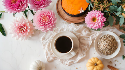 Obraz na płótnie Canvas Elegant autumn table set with fall decorations, cup of coffee and carrot cake on a white tablecloth, web banner copyspace, facebook bg, Thanksgiving, website header with design space, Generative A.I, 