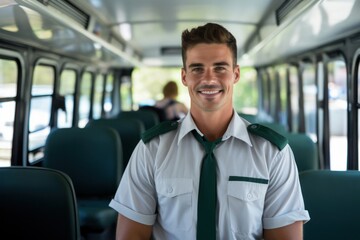 Caucasian Man Bus Driver Backdrop Scene Captivating Generative AI