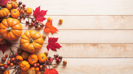 Pumpkins elegant background, colorful varieties of pumpkins on white wooden table, autumn decorations harvested during fall and Thanksgiving, website header with copyspace,, Generative A.I,