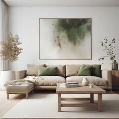 Modern living room, with big sofa, minimal and elegant, neutral tones, natural, with poster on the wall - 646823810