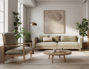 Modern living room, with big sofa, minimal and elegant, neutral tones, natural, with poster on the wall - 646823820