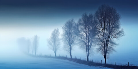 Cold autumn dawn and the first frost with a row of trees receding into the fog. AI Generation 
