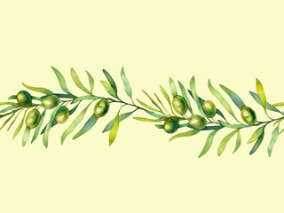 Watercolor seamless border of an olive branch with green olives isolated on a yellow background.